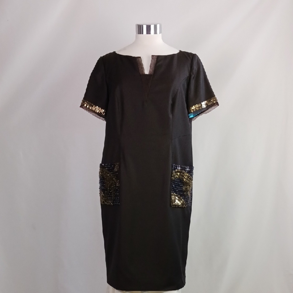 Peggy Jennings Black W Gold Beaded Pockets Dress.